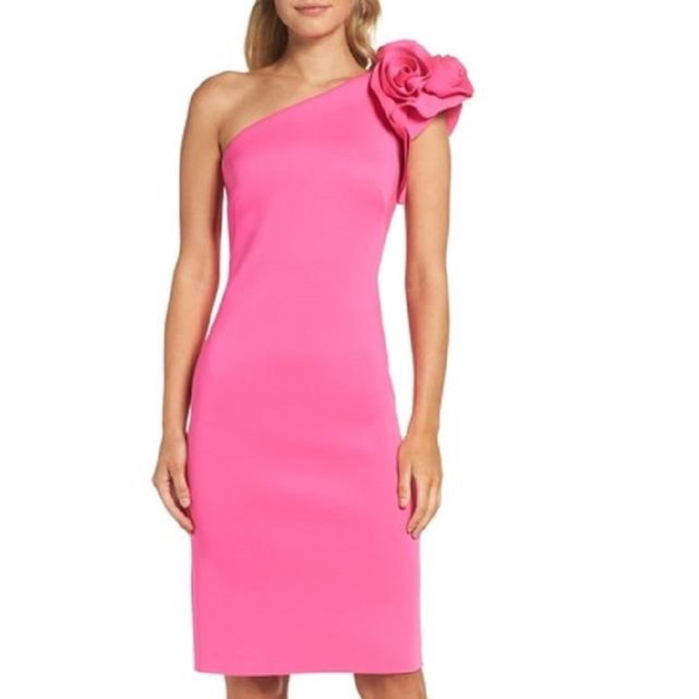 NWOT Neon Pink Eliza J One Shoulder Flower Dress